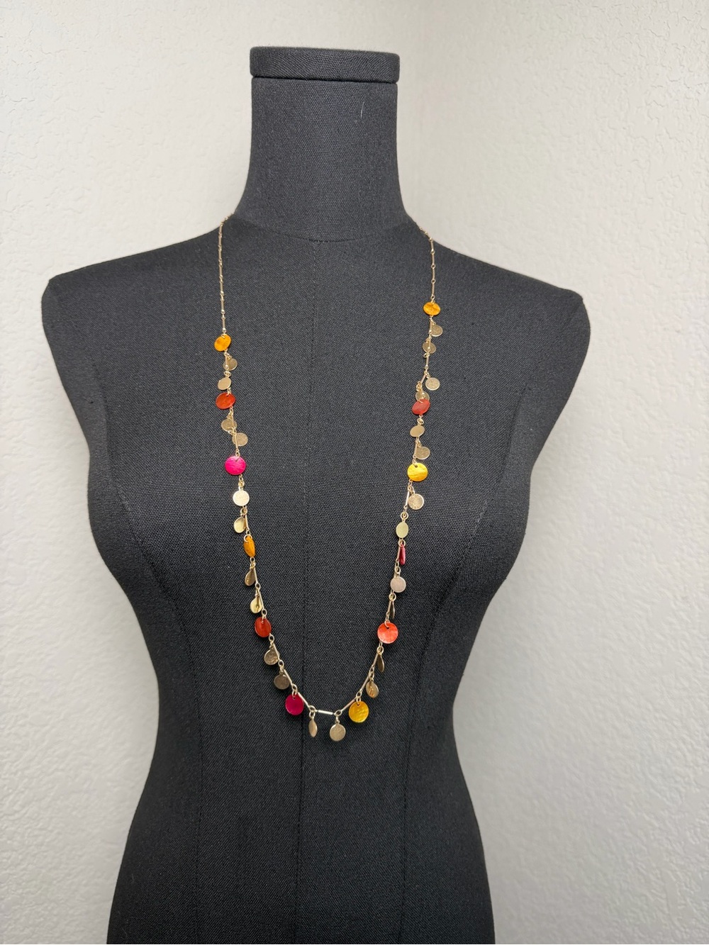 Long Gold Chain Necklace with Multicolor Discs